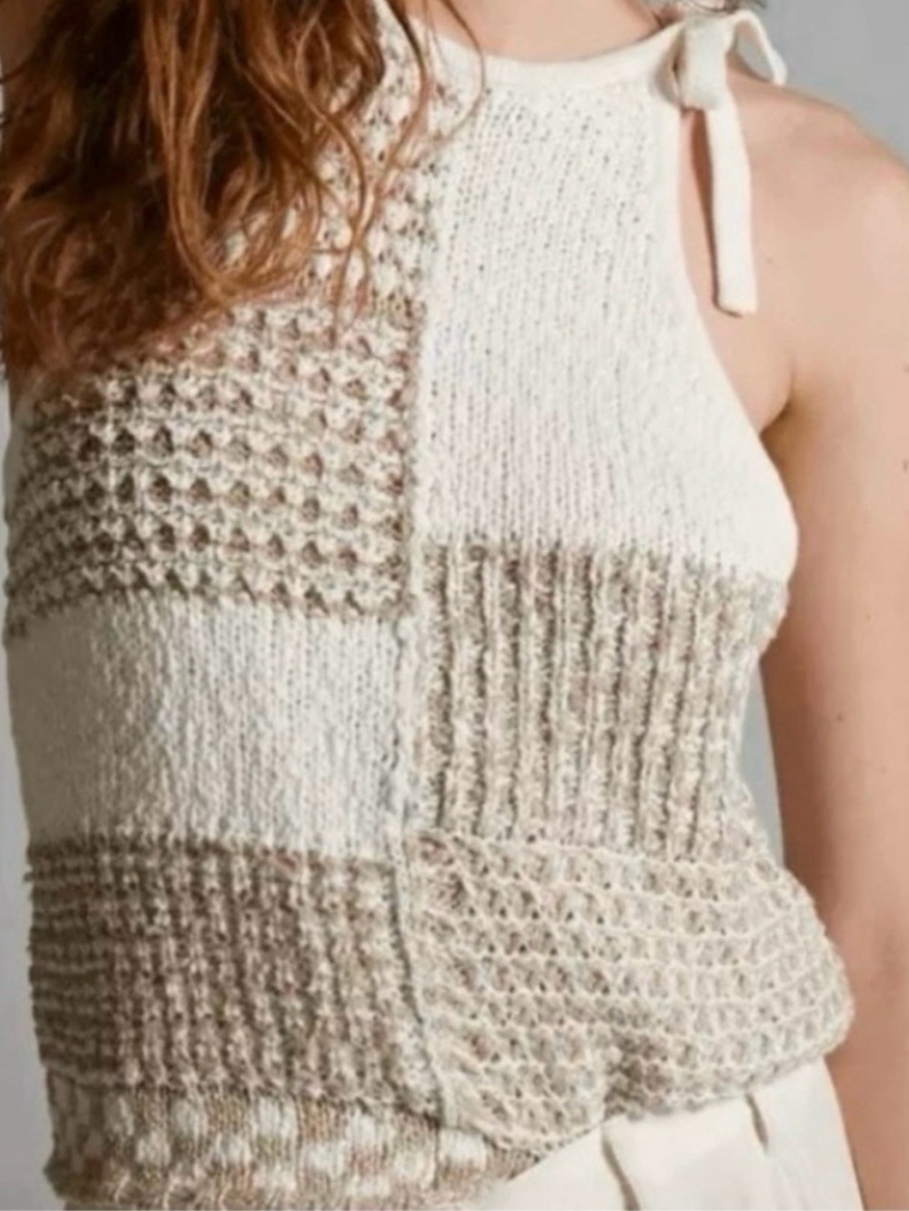Anthropologie Patchwork Knit Halter Sweater Tank Top Tie Neck XS NWOT
